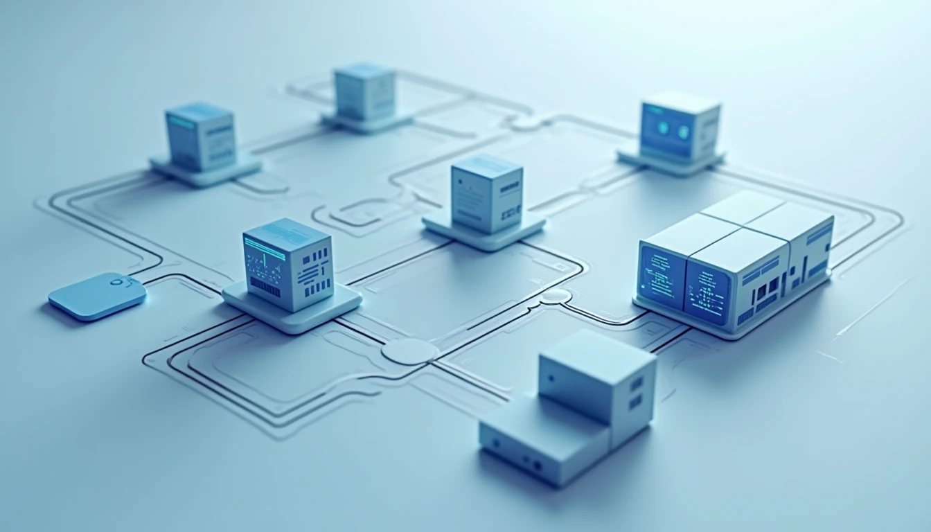 Schematische Darstellung eines automatisierten Workflows, der Datenpakete durch verschiedene Serverknoten leitet, minimalistischer Stil