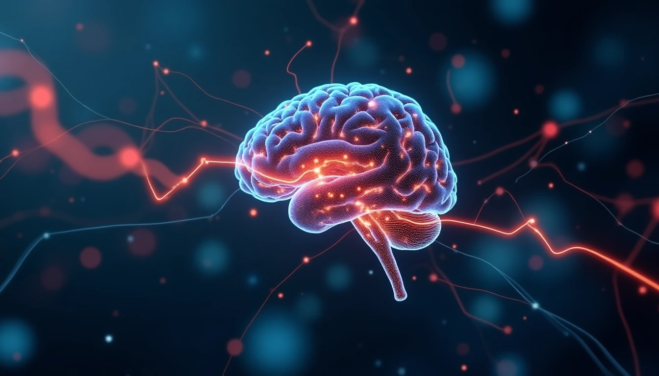 Futuristische Darstellung eines neuronalen Netzwerks, das mit einer Prozesskette interagiert, helle Farben